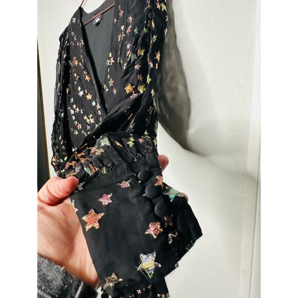 YUMI KIM Black Chiffon Metallic Star Print Blouson Sleeves Scarlett Star Dress 8 - Picture 6 of 15